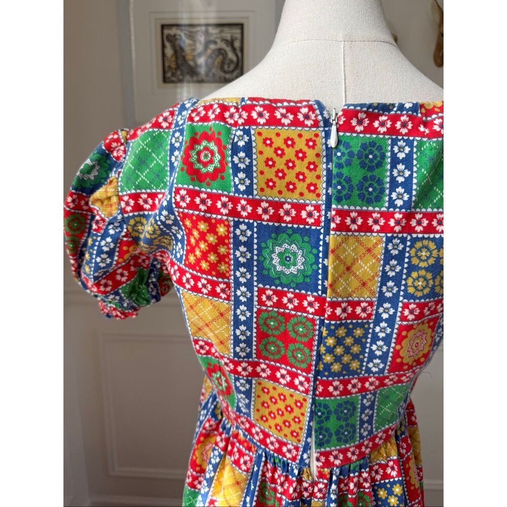 Vintage 70s Empire Waist Maxi Dress Colorful Bandana Folkart Print S - Picture 5 of 6